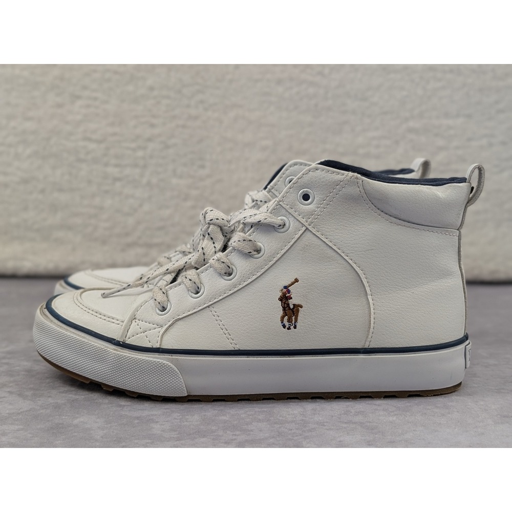 Polo Ralph Lauren Jaxson White High Top Sneakers Kids Size 5 RF104329 Blue Logo